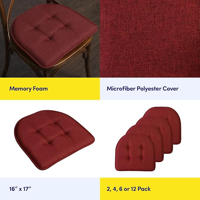 Sweet Home Collection Chair Cushion Memory Foam Pads Tufted Slip Non Skid Rubber Back U-Shaped 17" x 16" Seat Cover, 4 Count (Pack of 1), Wine Burgundy