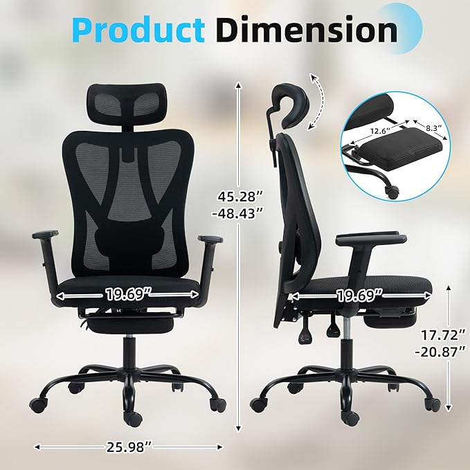ECOTOUGE Big and Tall Office Chair, Ergonomic High Back with Adjustable Headrest & Lumbar Support, Wide Cushion Mesh Desk Chair with Retractable Footrest, Home Office/Gaming/Study Chair, Black
