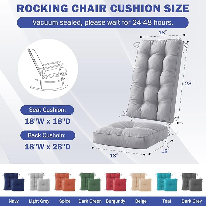 IPYNBAP Rocking Chair Cushion, Waterproof and Fade-Resistant Patio Chair Cushions, Tufted Chair Pads for Rocker Furniture, 18x18 Inch, Indoor/Outdoor Seat Cushions with Ties, Light Grey
