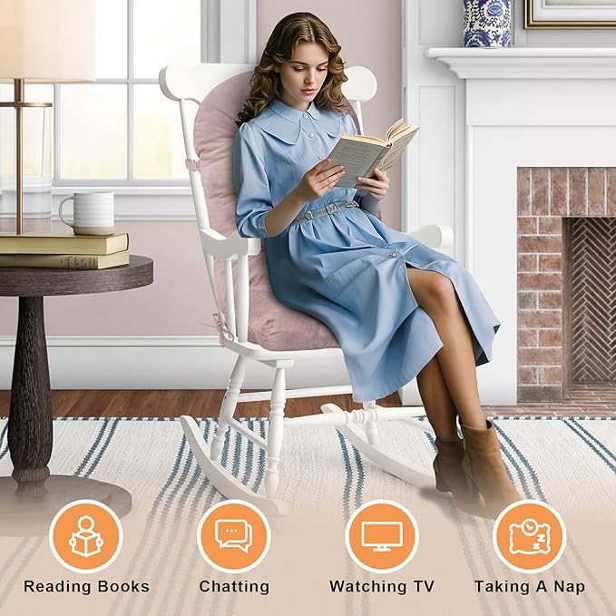 Rocking Chair Cushion - Chenille Fabric, High-Density Sponge, Durable Comfort Non-Slip Bottom Tufted Seat Pads with Ties, Chenille︱Pink, 44x19x4 inch