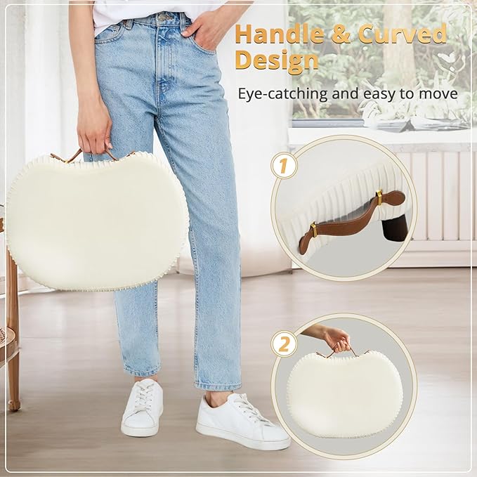LUE BONA Small Curved Foot Stool with Handle, Beige Velvet Footstool and Ottomans, Modern Foot Rest with Wooden Legs, Step Stool with Padded Seat for Couch, Living Room