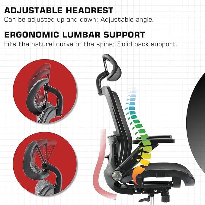 Office Chair Ergonomic Mesh Chair High Back Computer Desk Chair with 3D Armrest Adjustable Lumbar Support and Headrest Receling Chair, Black