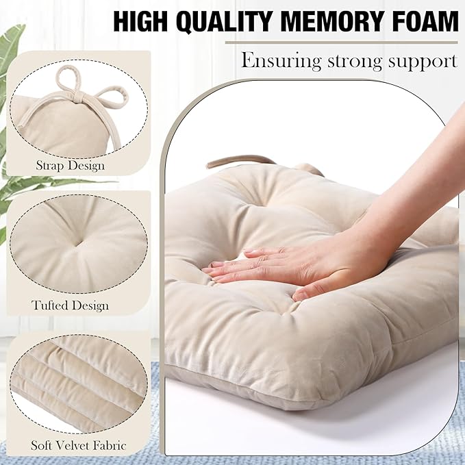 Nuanchu Memory Foam Chair Cushions Set of 4, Thick Indoor Seat Cushions for Dining Chairs Tufted Seat Pads for Kitchen, Dining Room, Office,(Ivory White,15.5"x15.5"x4")