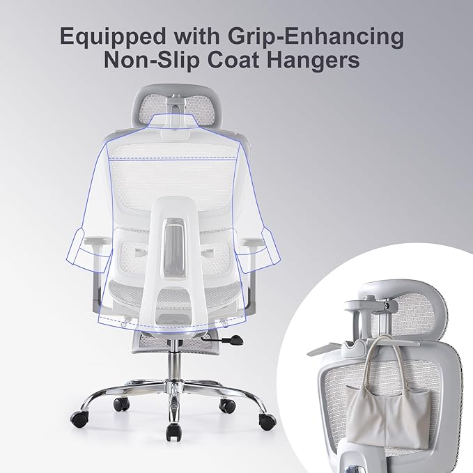 Office Chair with Footrest, Ergonomic Chair with 3D Headrest, Computer Chair with Adjustable Backrest & 3D Armrest, Gaming Chair with Adaptive Lumbar Support, Mesh Backrest & Cushion, Grey