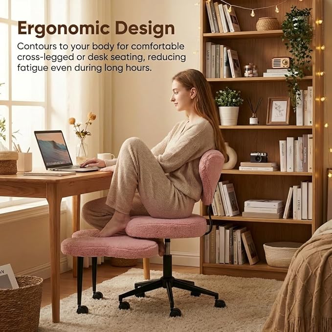 Pinmoco Pink Criss Cross Chair with Heart Shaped Backrest, 31.5" Cross Legged Office Chair with Teddy Fleece, Armless Swivel Desk Chair for Home Office, Vanity & Reading, Adjustable Height