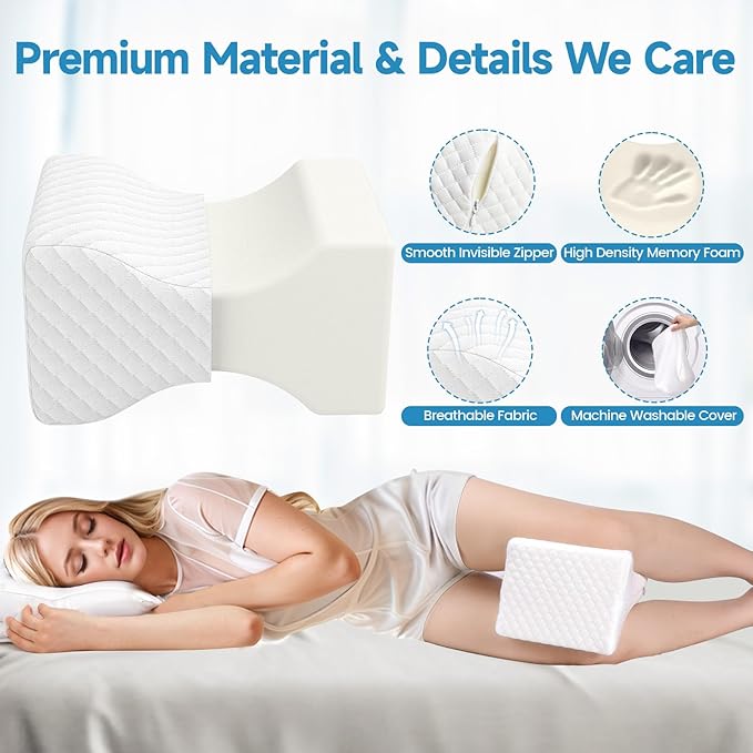 SweetSlubr Memory Foam Knee Pillow for Side Sleepers, Support Leg Pillow for Side Sleeping, Smooth Spine Alignment Pillow, Cushion for Hip, Back, Sciatica, Knee, Joints Pain Relief, White, X-Large