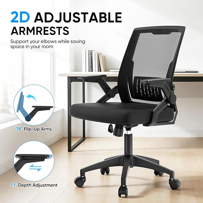 MoNiBloom Mid Back Mesh Office Chair with Flip-Up & Sliding Armrests, 18–22" Adjustable Seat Height, Ergonomic Desk Chair with Rocking Function, for Home Office, Black
