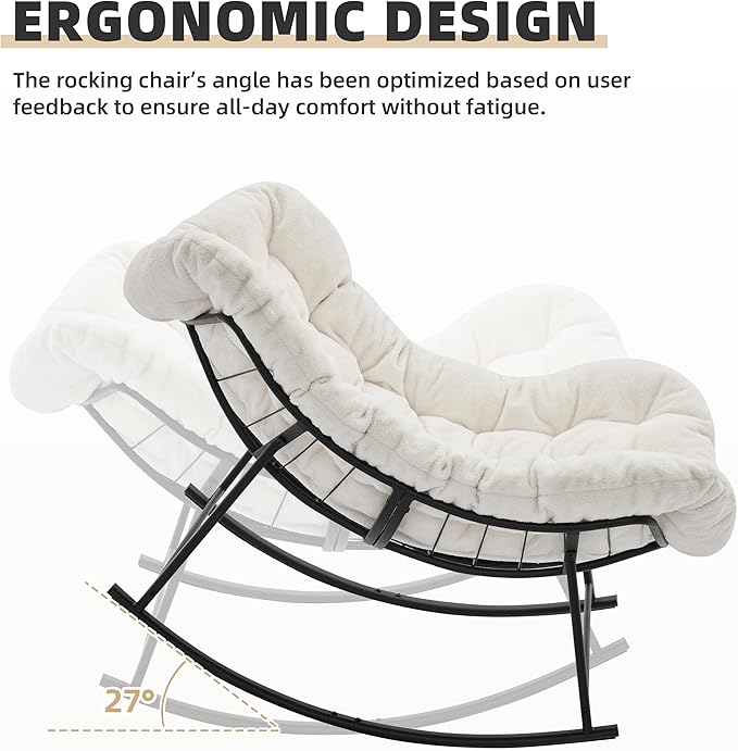 Oversized Rocking Chair Indoor, Papasan Rocking Chair Outdoor, Lounge Chair with Cushion, Patio Egg Rocker Chairs, Comfy Reading Chairs for Bedroom, Living Room, Garden, Lawn, White