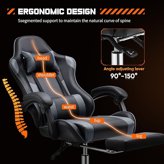 DUMOS Gaming Office Desk Chair with Footrest and Headrest for Adults, PU Leather Ergonomic Video Computer Chair with Linkage Armrests, Height Adjustable 360° Swivel Recling Chair, New Grey
