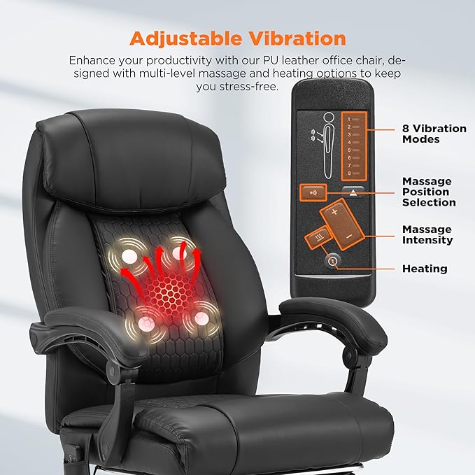 HOMREST Heated Office Chair with Vibrating Massage, Ergonomic Executive Desk Chair with Retractable Footrest and Lumbar Support, High-Back Reclining PU Leather Computer Chair for Home Office,Black