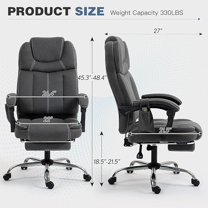ECOTOUGE Massage Office Chair with Footrest, Ergonomic Adjustable Reclining Executive Home Desk Chair w/ 6 Vibration Points & Heat, Dark Grey