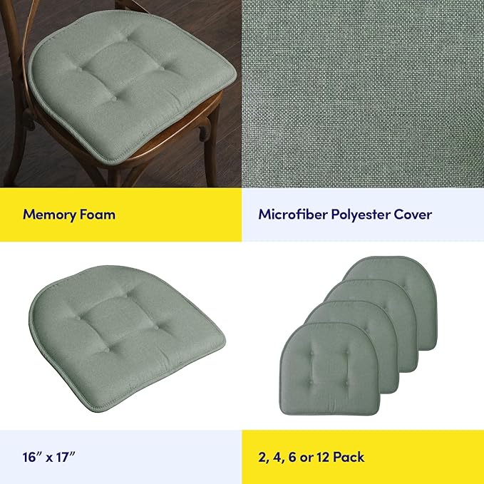 Sweet Home Collection Chair Cushion Memory Foam Pads Tufted Slip Non Skid Rubber Back U-Shaped 17" x 16" Seat Cover, Scuba Green 4 Count