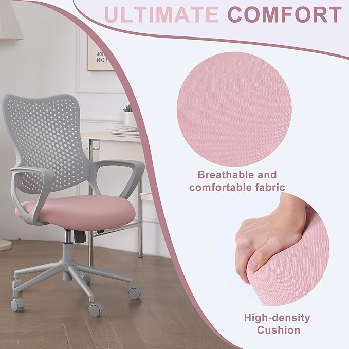 Ergonomic Office Chair, Breathable Mesh Computer Desk Chair with Armrests, Rolling Swivel Task Chair, Butterfly Back Design for Home Office, Adults and Teens (Pink)