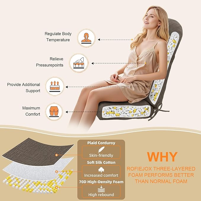 Rocking Chair Cushion - Plaid Corduroy Fabric, High-Density Sponge, Durable Comfort Non-Slip Bottom Tufted Seat Pads with Ties, Plaid Corduroy︱Beige Grey, 44x19x4 inch