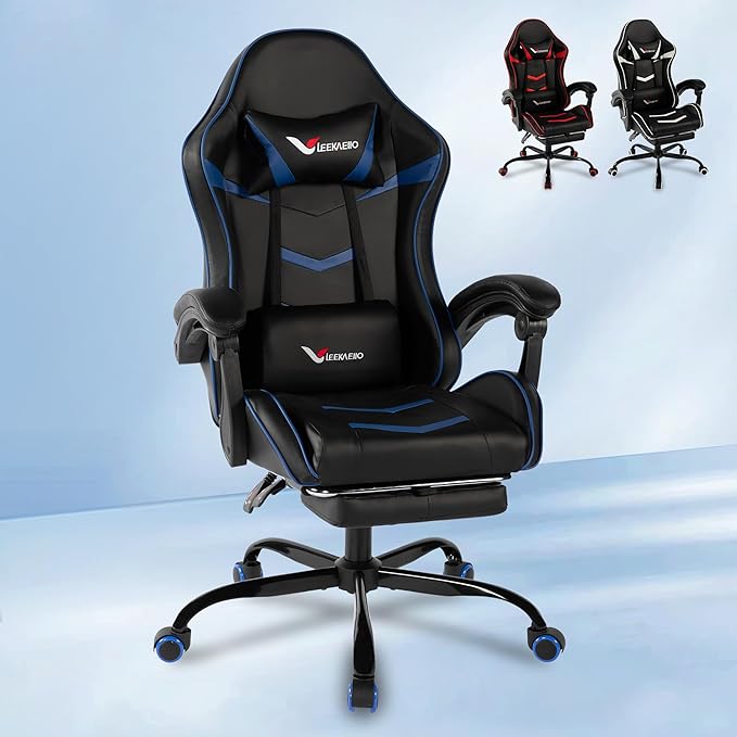 Gaming Chair for Adults, Ergonomic Gamer Chair with Footrest, Spring Pocket Cushion, Computer Office Desk Reclining Chair with Enlarged Metal Base, Linkage Armrests, Lumbar & Headrest (Blue)