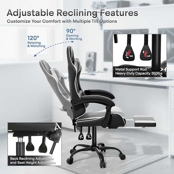 Athena Collection Gaming Chair, Ergonomic Gaming Chair with Footrest & Headrest Lumbar Support, Height Adjustable Swivel Computer Chair Office Chair for Kids Adults(White)