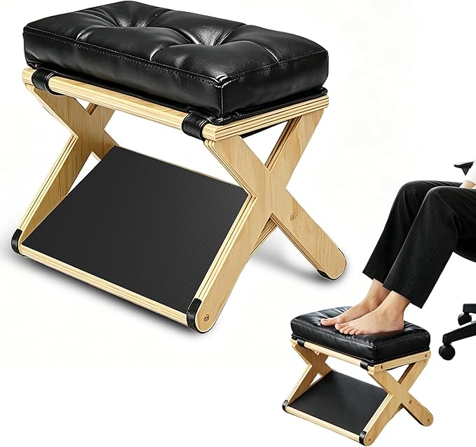 THOUSAND SUNNY Wooden Under Desk Footrest, Desk Foot Stool with Cushioned Top and Non-Slip Base Ergonomic Office Foot Rest for Home Work Gaming