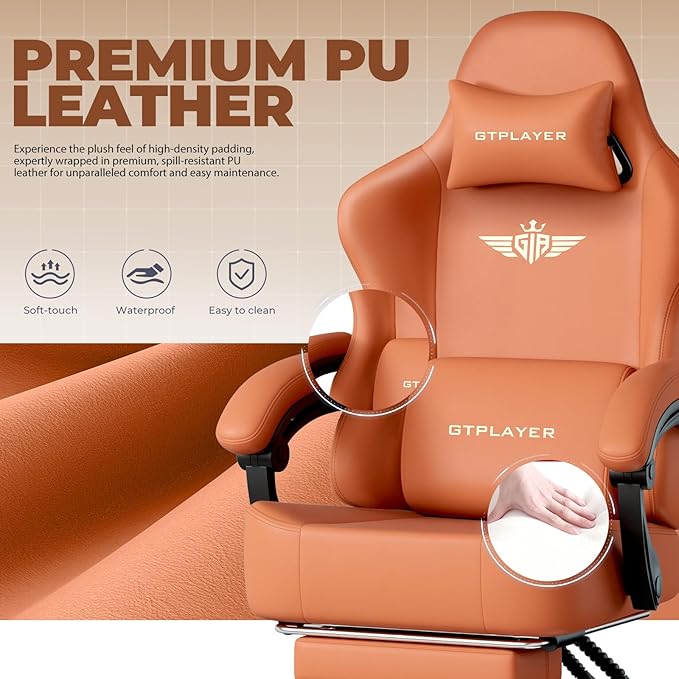 GTPLAYER Gaming Chair with Pocket Spring Cushion, Big and Tall Gamings Chairs 350LBS High Back Computer Chair with Footrest for Adults Lumbar Support Swivel Game Chair for Office, Leather Orange