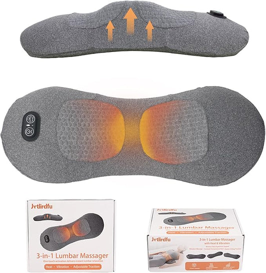 3-in-1 Lumbar Massager with Heating/Vibration/Adjustable Traction Memory foam lumbar pillow conforms to the spine's natural curve for relaxation Smart air cushion Ideal for home, office, or in-car use