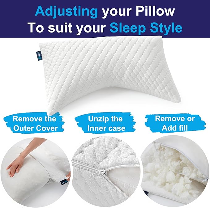 Sidney Sleep Adjustable Curved Pillows for Neck and Shoulder Support with Extra Shredded Fill - Cervical Contour Pillow for Side and Back Sleeper - King Size - 19"x36" CertiPUR-US Certified (White)