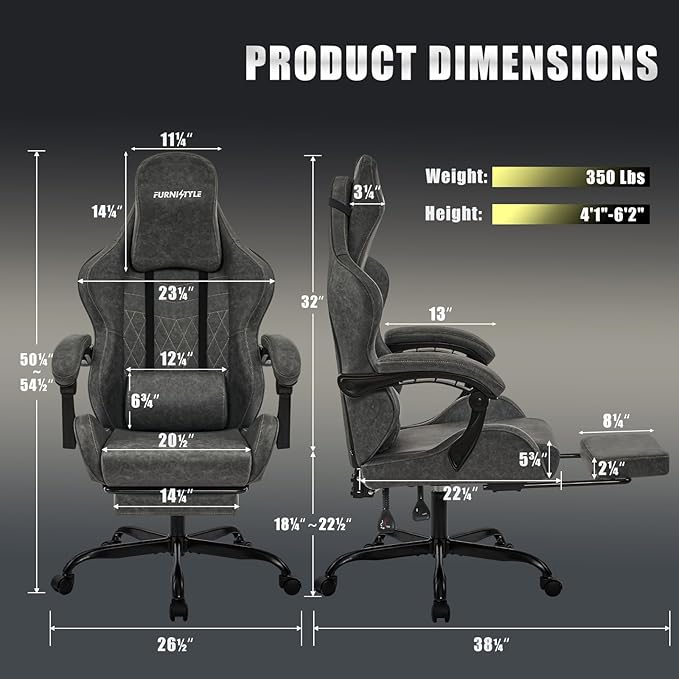 Gaming Chair Big and Tall, Grey Leather Video Game Chairs with Footrest, Padded Linkage Armrests & Large Headrest, Ergonomic Computer Chair 350lbs for Adults Gaming or Office Use