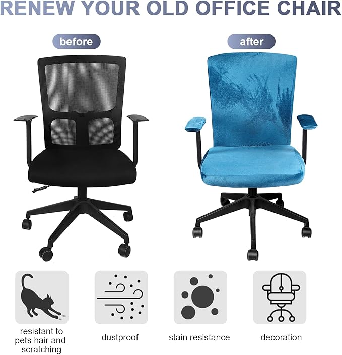 Tallew 4 Pcs Office Chair Covers Set Computer Universal Protective Stretchable Chair Seat Covers Desk Armrest Slipcovers Pads Office Cushion Backrest for Rotating(Sapphire)