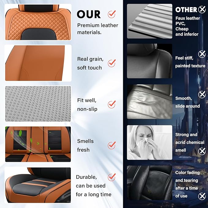 Coverado Car Seat Covers Full Set, 5 Piece Car Seat Protector with Removable Headrest, Nappa Leather Breathable Front Rear Seat Cushion Side All Wrapped Universal Fit Truck Automotive Most Cars Brown