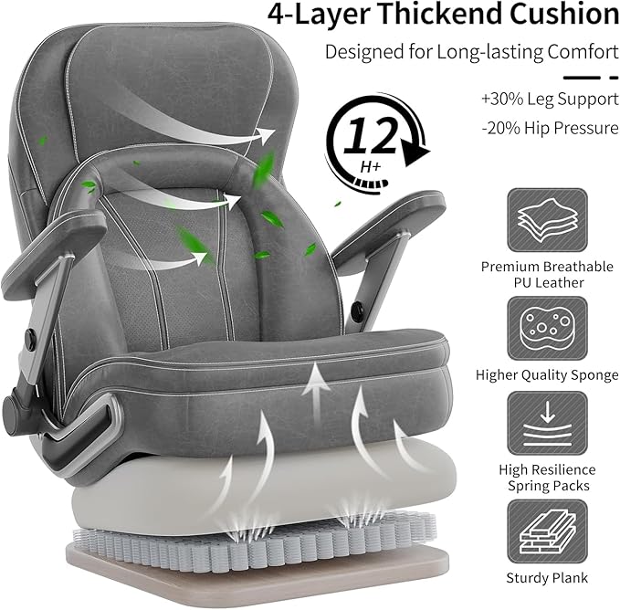 Big and Tall Office Chair, 600lbs Heavy Duty Desk Chair with 5D Arms, Adjustable Lumbar Support & Height, Tilt Function, PU Leather High Back Ergonomic Executive Computer Chair