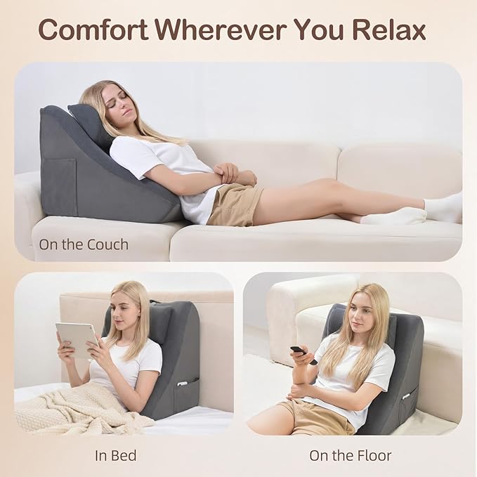 Vekkia 21” Extra-Wide Back Pillow with Adjustable Headrest – 2 in 1 Ergonomic Dual-Layer Wedge Backrest for Sitting or Reclining – Adults on Bed, Sofa & Floor, for Reading, TV & Gaming, Soft Cover