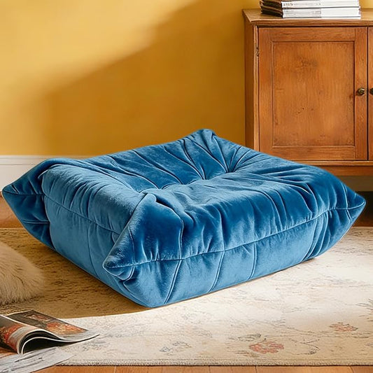 Trenda Extra Large 29.5"x27.5" Velvet Ottoman - Soft Foot Rest, Bean Bag Chair Compatible Accent Ottoman, Independent Use Extra Seat for Living Room Bedroom (Blue)