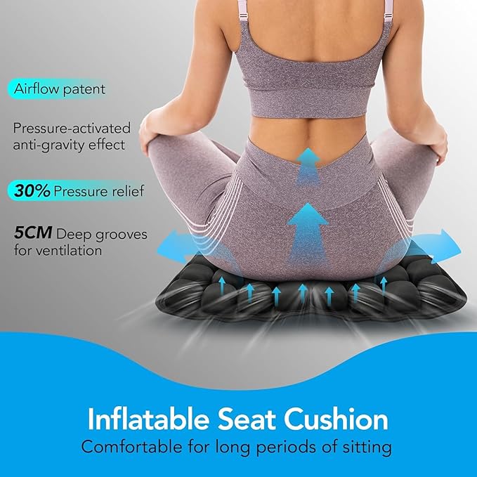 Inflatable Seat Cushion 56 Air Bubble Cell Advanced Pressure Relief for Office Chair, Car, Wheelchair, Long Sitting & Travel – Tailbone, Hemorrhoid & Sciatica Pain Relief Pillow