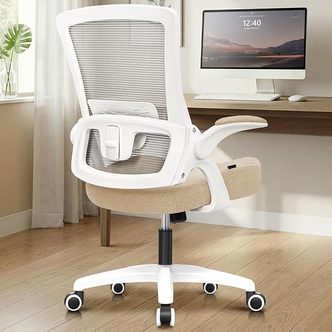 NEO CHAIR Office Desk Gaming Chair Computer High Back Mesh Seat with Rolling Wheels Ergonomic Adjustable Comfy Flip-up Armrests Lumbar Support Height for Home (Beige)