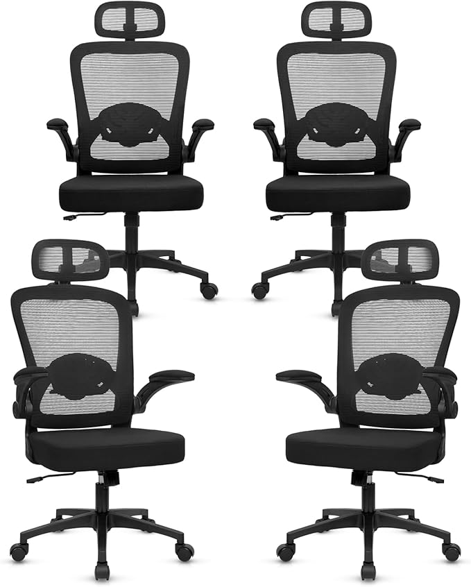 KLASIKA Desk Chairs with Wheels, Ergonomic Mesh Back Home Office Chair with Headrest, Adjustable Lumbar Support Swivel Rolling Computer Chairs with Flip Up Arms for Conference Meeting Room, Black, 4PK