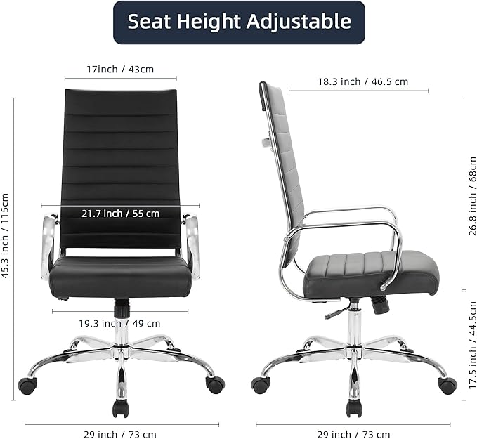 LANDSUN Home Office Chair Ribbed Leather High Back Executive Swivel Computer Desk Chairs with Wheels and Armrests Soft Padded Adjustable Height Modern Conference Task Black