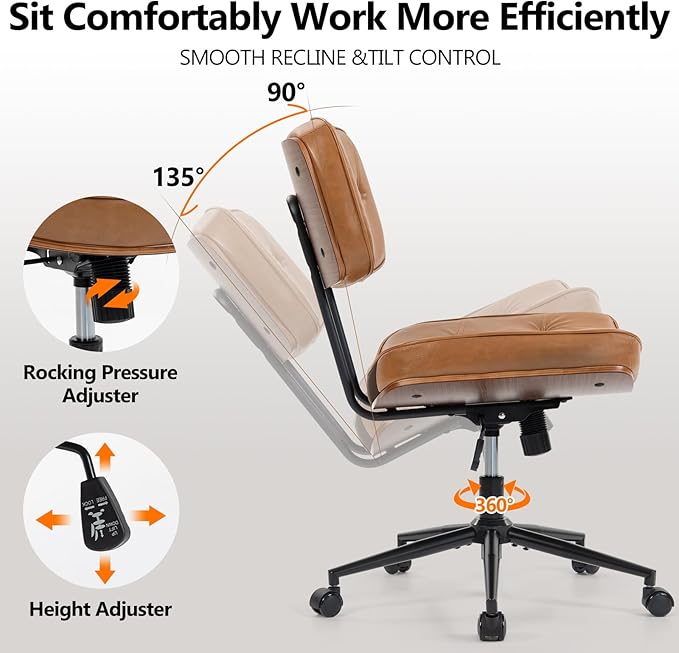 Walnut Armless Modern Office Desk Chair with Wheels, PU Leather Adjustable Height Swivel Rolling Task Chair, Ergonomic Criss Cross Legged Computer Chair (Brown)