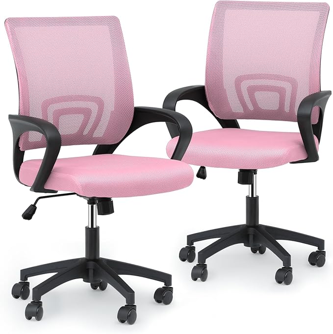 MoNiBloom Mesh Office Chair Set of 2, Ergonomic Computer Chair for Adults, Rolling Swivel Mid-Back Desk Chair with Lumbar Support, Comfy Armrest for Home Office, Gaming, Pink