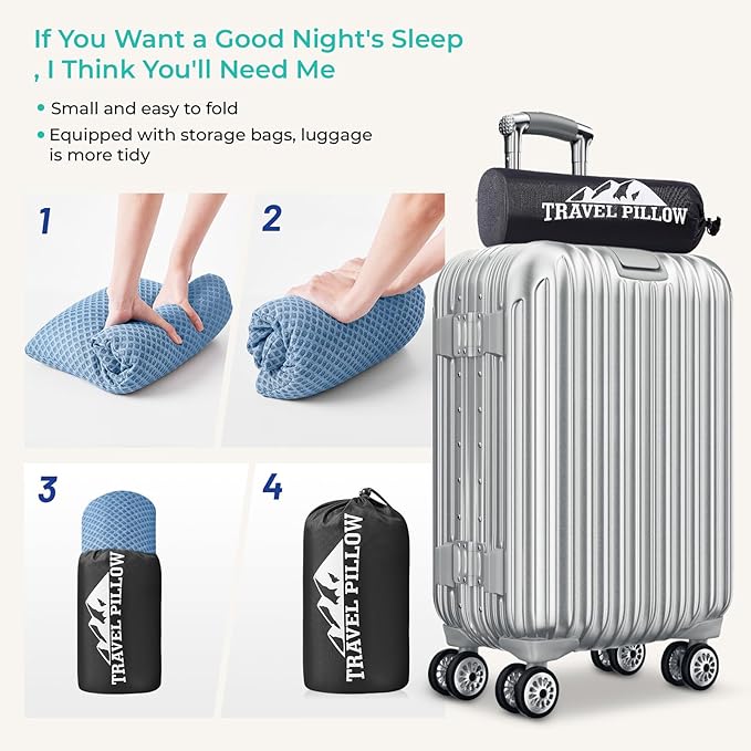 Travel Pillow Memory Foam Pillows, Camping Pillow-Compressible Medium Firm, Breathable Cover, Ideal Backpacking Hiking, Bed Pillows, Airplane and Car (Blue, S)