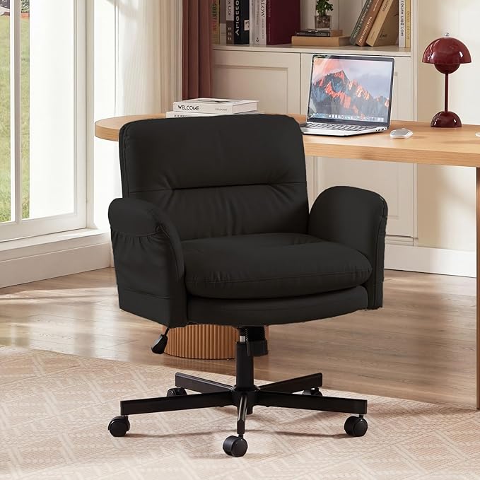 Bestier Criss Cross Office Chair with Flip-Up Armrests, Swivel Makeup Vanity Chair with Wheels & Side Pockets, Cross Legged Office Chair for Home Office, Bedroom, Black PU Leather