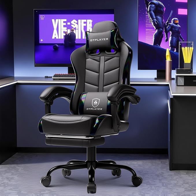 GTPLAYER Gaming Chair with Footrest, Computer Gaming Chair for Adults and Kids, Height Adjustable Gamer Chair with 90-155° Recline & Removable Headrest Lumbar Support,Colorful Black