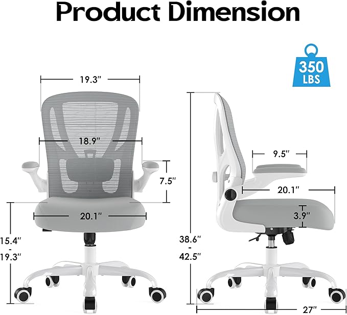 Office Chair Ergonomic Desk Chair - Mesh Computer Chair Breathable Task Chair with Wheels Adjustable Lumbar Support Home Desk Office Chairs Flip up Armrest White 2 Pack