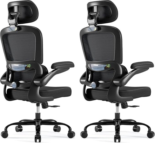 TRALT Ergonomic Office Chair - Desk Chair with Adjustable Headrest Lumbar Support Computer Chair - Mesh Comfy Chair with Flip-up Armrests - Gaming Chair for Adults Home Office PU, Black, Pack of 2