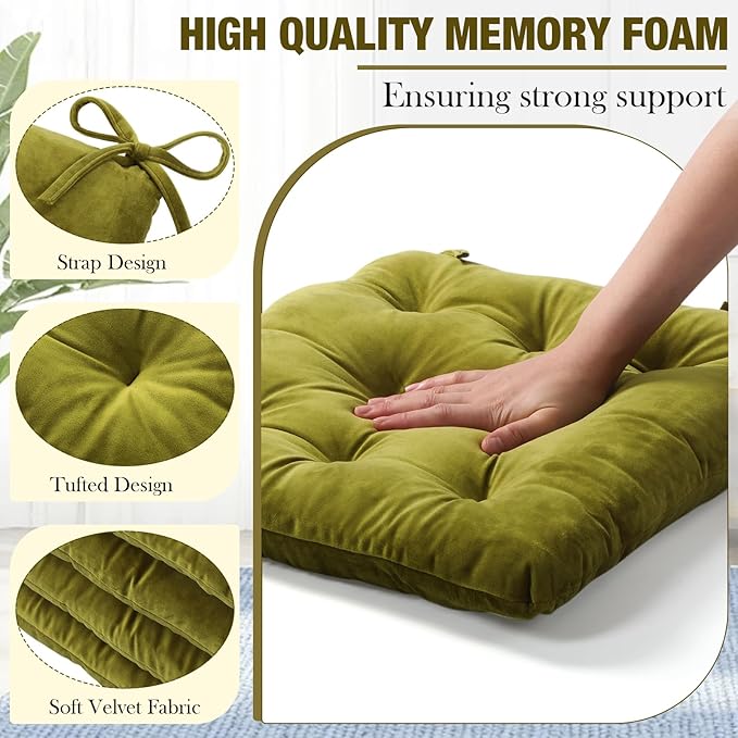 Nuanchu Memory Foam Chair Cushions Set of 4, Thick Indoor Seat Cushions for Dining Chairs Tufted Seat Pads for Kitchen, Dining Room, Office,(Mustard Green,15.5"x15.5"x4")