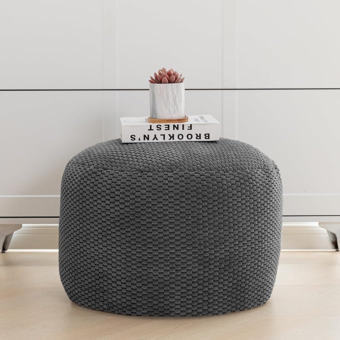 Poofieotto Pouf Ottoman Stuffed High Density Filler Velvet Floor Pouf Round Foot Stool 20 * 12 Inches Ottoman Foot Rest for Living Room, Home Decor (Dark Gray)