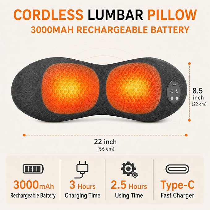 Cordless Lumbar Support Pillow for Pain Relief Deep Tissue, 3-in-1 Heated Lower Back Massager Pillow with 3000mAh Battery, Heat, Massage, Electric Stretch, Back Support Pillow for Office Chair Car