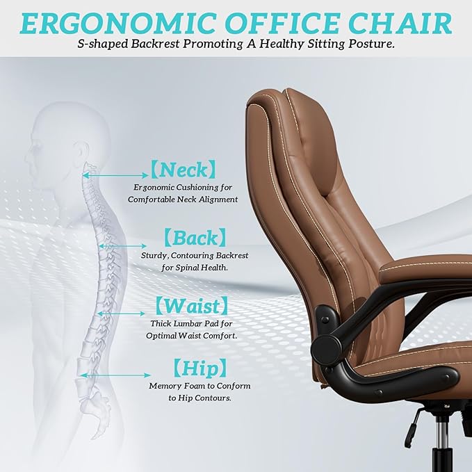 GYI Office Chair, Ergonomic Computer Desk Chair, Leather Executive Office Chair with High Back, Lumbar Support, Flip-up Arms, Wide and Thick Padded Seat, Heavy Duty Base, Rubber Wheels, Brown