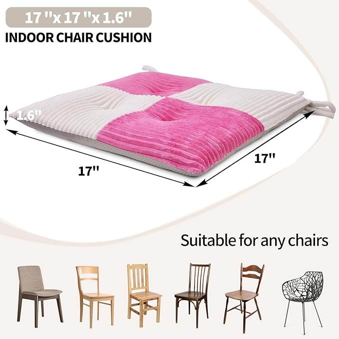 Office Stacking Chair Cushions 4 Pack, Corduroy High Density Foam Kitchen Seat Cushions with Ties, Square 17" x 17" Indoor Non-Slip Dining Chair Pads, White + Pink，4pcs