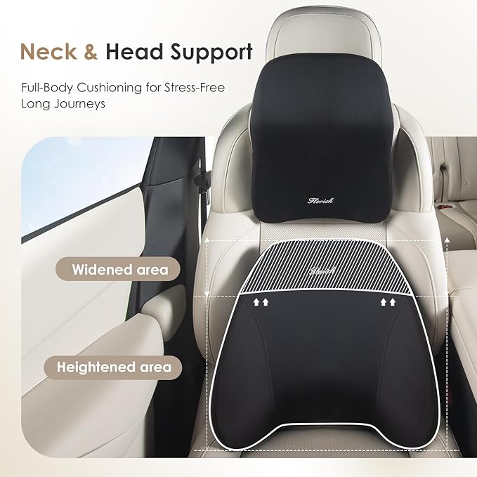 FLORICH Upgrade Lumbar Support and Car Neck Pillow, Back Support and Headrest Pillow for Car Seat Driver, Memory Foam Back Neck Support Pillow and Car Seat Lumbar Support for Car Office Chair - Black