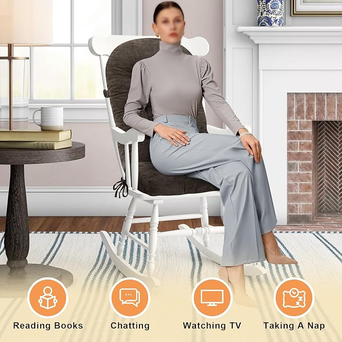 Rocking Chair Cushion - Chenille Fabric, High-Density Sponge, Durable Comfort Double-Sided Tufted Seat Pads with Ties, Chenille︱Sepia Brown, 44x19x4 inch