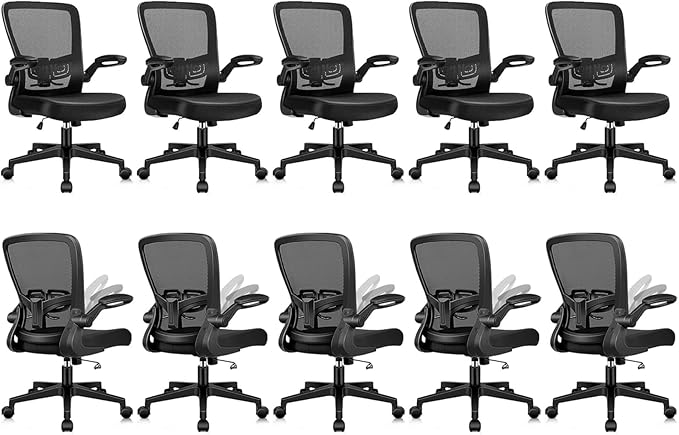 KLASIKA Desk Chairs with Wheels, Ergonomic Mesh Office Chair Adjustable Height and Swivel Lumbar Support Home Office Chair with Flip Up Armrests, Set of 10