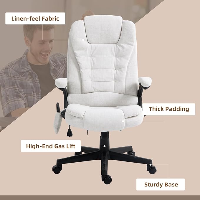 Vinsetto 6 Point Vibrating Massage Office Chair with Heat, Linen High Back Executive Office Chair with Reclining Backrest, Padded Armrests and Remote, Cream White